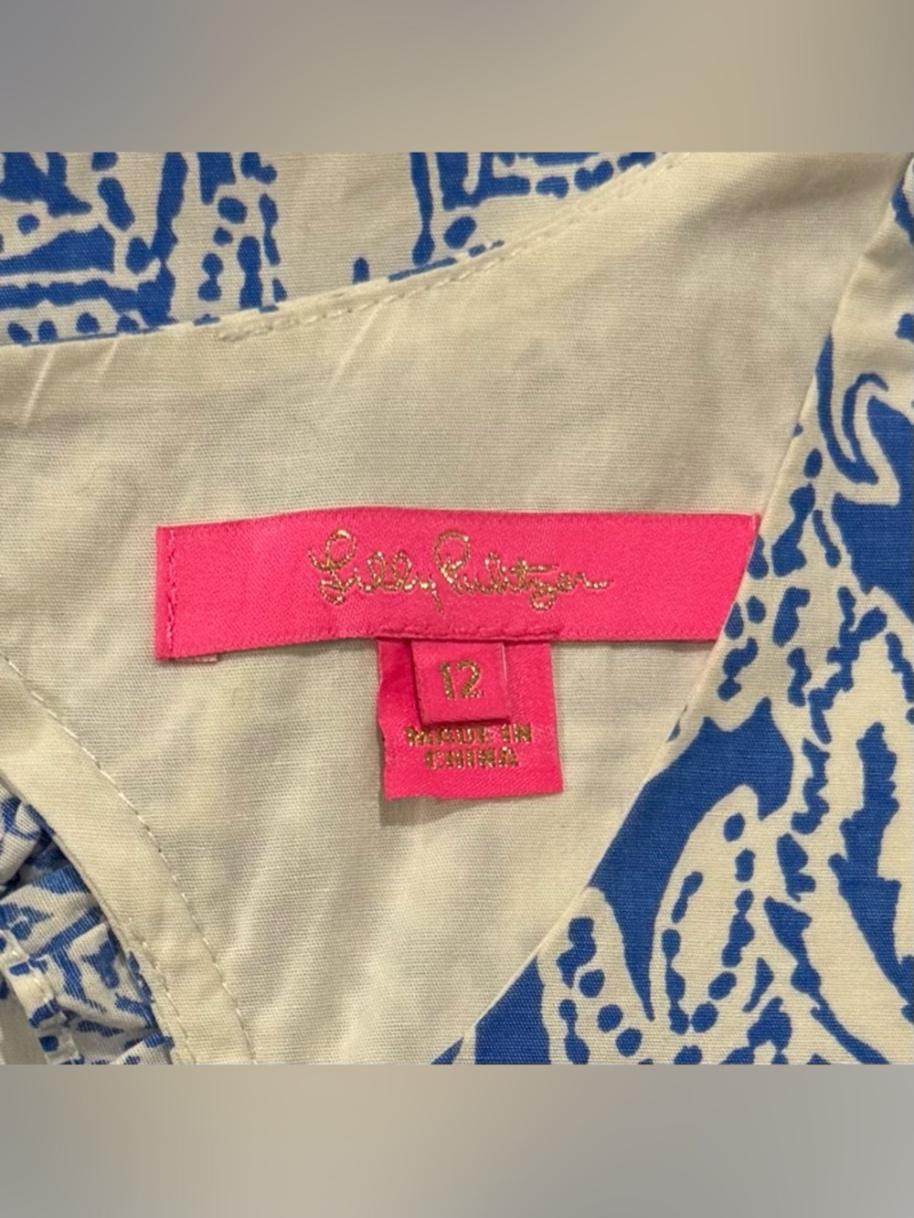 Lilly Pulitzer Lina Top Women 12 Blue White Foxed Up Print Ruffle Rare Preppy - Picture 9 of 11